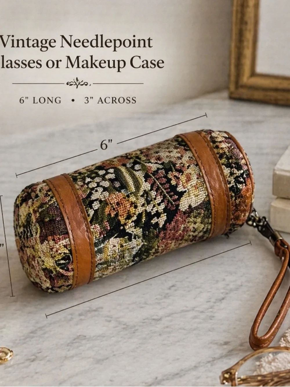 C&C California Floral Needlepoint Cylinder Cosmetic Case - Brown, Green, Black